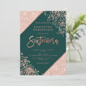 バラ金ゴールドグリッター紙吹雪エメラルドグリーンスウィート16 招待状 (スタンド正面)