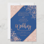 バラ金ゴールドグリッター紙吹雪シック結婚ブルー 招待状 (正面)
