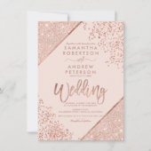 バラ金ゴールドグリッター紙吹雪シック赤面結婚ピンク 招待状 (正面)