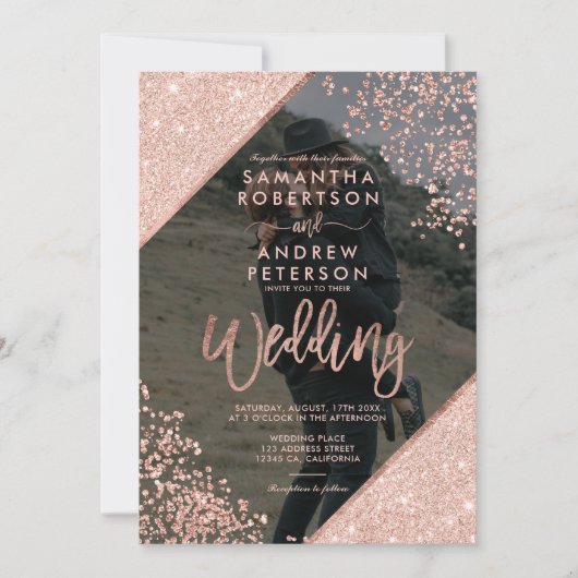 バラ金ゴールドグリッター紙吹雪ネイビー結婚ブルーの写真 招待状 (正面)