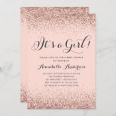 バラ金ゴールドグリッター紙吹雪ピンクガールベビーシャワー 招待状 (正面/裏面)
