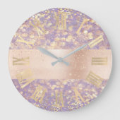 バラ金ゴールドグリッター紙吹雪紫ローマ数字 ラージ壁時計 (正面)