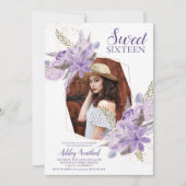 バラ金ゴールドグリッター紫フローラ写真Sweet 16 招待状 (正面)