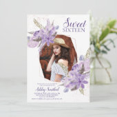 バラ金ゴールドグリッター紫フローラ写真Sweet 16 招待状 (スタンド正面)