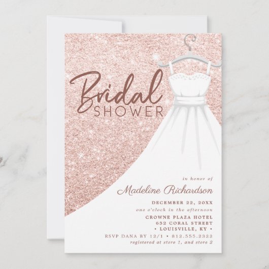 バラ金ゴールドグリッター結婚ズドレスシックブライダルシャワー 招待状 (正面)