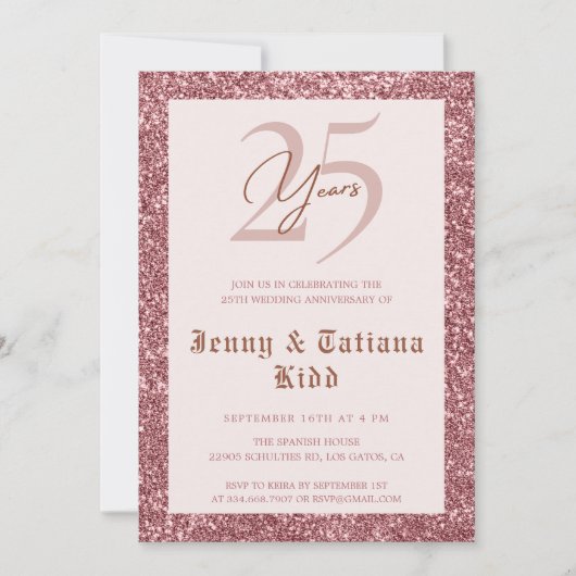バラ金ゴールドグリッター結婚25周年 招待状 (正面)