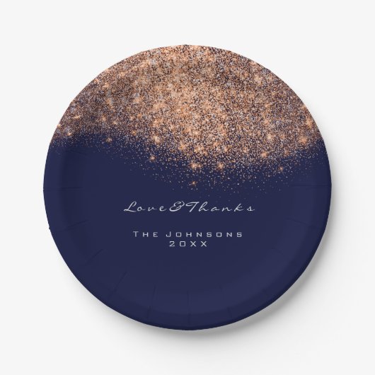 バラ金ゴールドグリッター誕生日ブルーネイビー16th 結婚s ペーパープレート (正面)