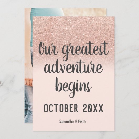 バラ金ゴールドグリッター赤面アドベンチャー写真妊娠 案内状 (正面/裏面)