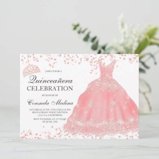 バラ金ゴールドグリッター赤面ティアラドレスキンセアニラ 招待状 (スタンド正面)