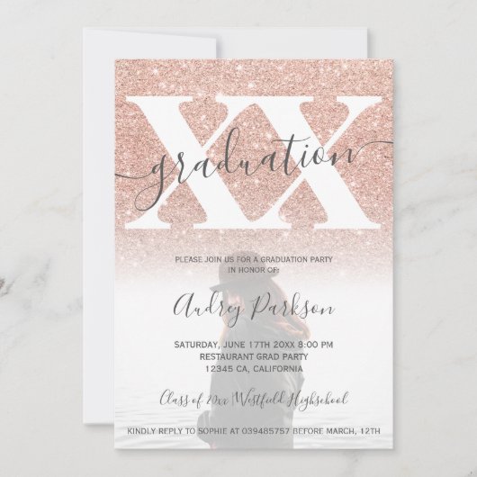 バラ金ゴールドグリッター赤面ピンクの卒業写真 招待状 (正面)