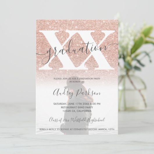 バラ金ゴールドグリッター赤面ピンクの卒業写真 招待状 (スタンド正面)