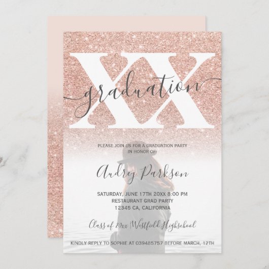 バラ金ゴールドグリッター赤面ピンクの卒業写真 招待状 (正面/裏面)