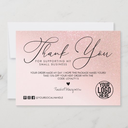 バラ金ゴールドグリッター赤面ピンクカスタマービジネス サンキューカード (正面)