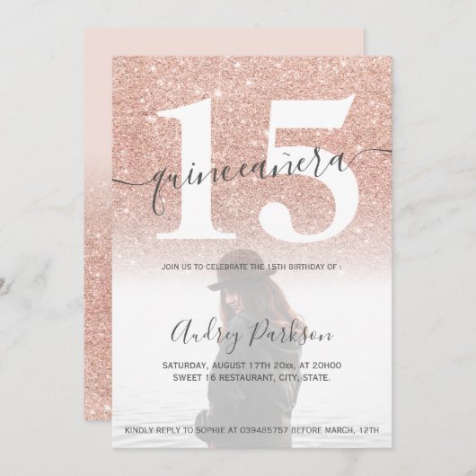 バラ金ゴールドグリッター赤面ピンクキンセアニェラ写真 招待状 (正面/裏面)