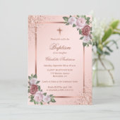バラ金ゴールドグリッター赤面ピンクフローラガールバプテスマ 招待状 (スタンド正面)