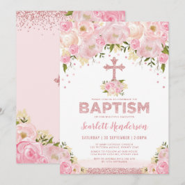 バラ金ゴールドグリッター赤面ピンクフローラガールバプテスマ 招待状