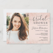 バラ金ゴールドグリッター赤面ピンク写真ブライダルシャワー 招待状 (正面)