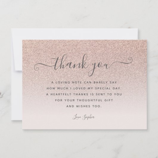 バラ金ゴールドグリッター赤面ピンク感謝していユー誕生日 サンキューカード (正面)
