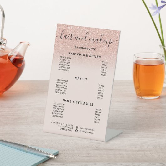 バラ金ゴールドグリッター赤面ヘア化粧サロン価格 台座サイン (インサイチュ)