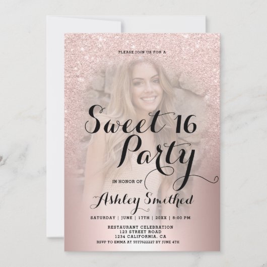 バラ金ゴールドグリッター金グラデーション属写真スイート16 招待状 (正面)