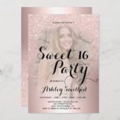 バラ金ゴールドグリッター金グラデーション属写真スイート16 招待状 (正面/裏面)