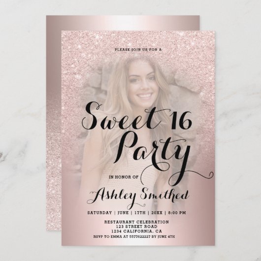 バラ金ゴールドグリッター金グラデーション属写真スイート16 招待状 (正面/裏面)