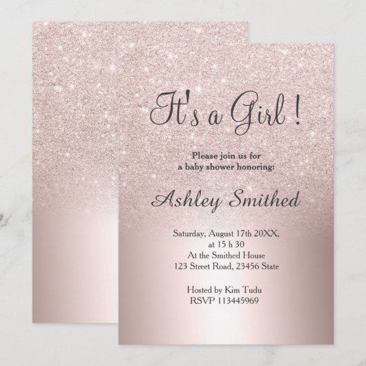 バラ金ゴールドグリッター金グラデーション属女子ベビーシャワー 招待状 (正面/裏面)