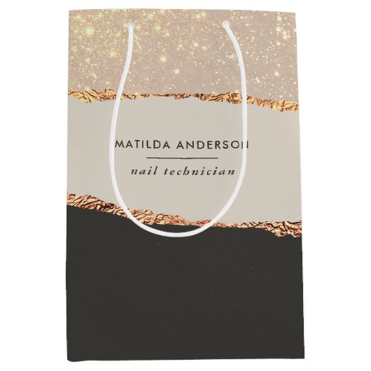 バラ金ゴールドグリッター黒モダン予算 ミディアムペーパーバッグ (正面)