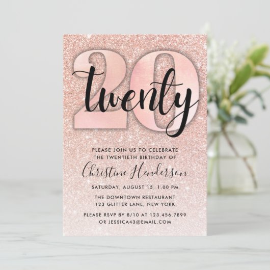 バラ金ゴールドグリッター20番目の誕生日招待状 招待状 (スタンド正面)