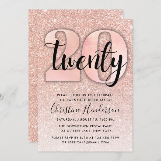 バラ金ゴールドグリッター20番目の誕生日招待状 招待状 (正面/裏面)
