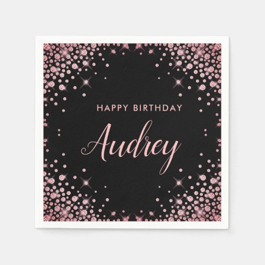 バラ金ゴールドグリッター21stハッピーバースデーモノグラム スタンダードカクテルナプキン (正面)