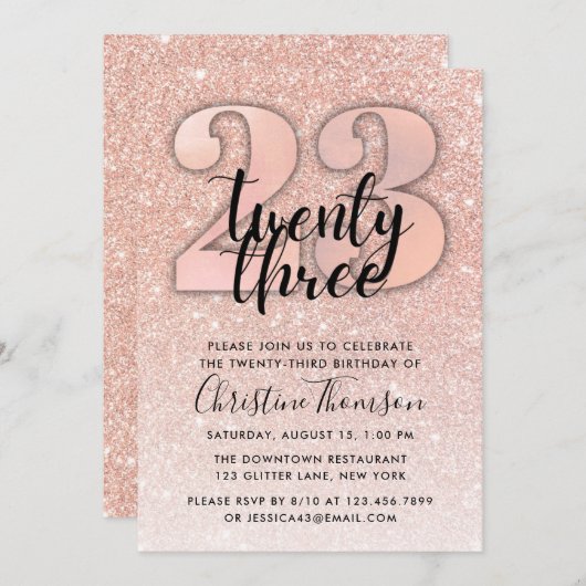 バラ金ゴールドグリッター23番目の誕生日招待状 招待状 (正面/裏面)