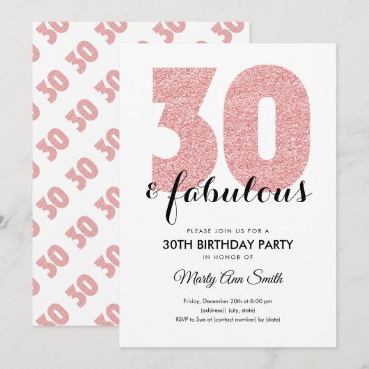 バラ金ゴールドグリッター30と素晴らしい誕生日パーティー 招待状 (正面/裏面)