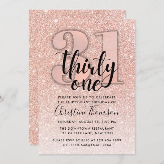 バラ金ゴールドグリッター31番目の誕生日招待状 招待状 (正面/裏面)