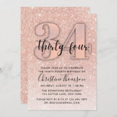 バラ金ゴールドグリッター34番目の誕生日招待状 招待状 (正面/裏面)