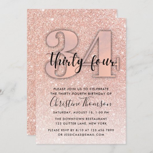 バラ金ゴールドグリッター34番目の誕生日招待状 招待状 (正面/裏面)