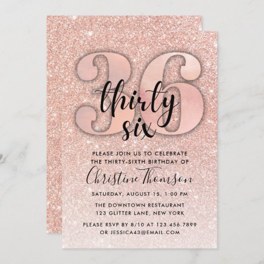 バラ金ゴールドグリッター36番目の誕生日招待状 招待状 (正面/裏面)