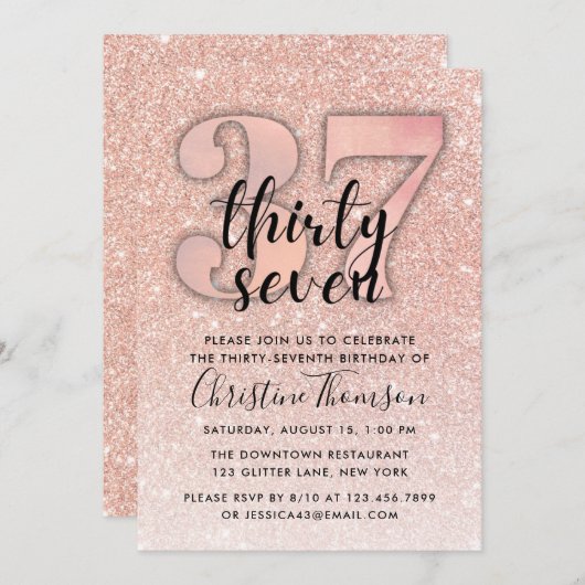 バラ金ゴールドグリッター37番目の誕生日招待状 招待状 (正面/裏面)
