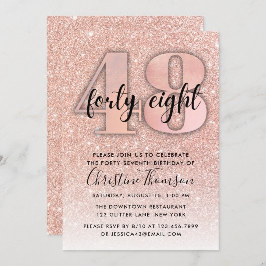 バラ金ゴールドグリッター48番目の誕生日招待状 招待状 (正面/裏面)