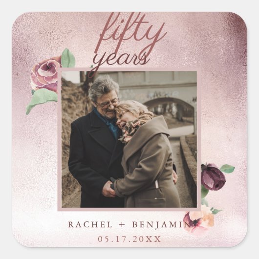 バラ金ゴールドグリッター50年結婚記念ピンク スクエアシール (正面)