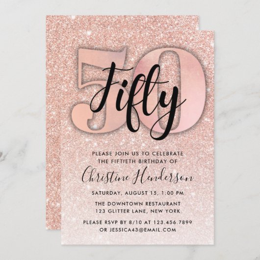 バラ金ゴールドグリッター50番目の誕生日招待状 招待状 (正面/裏面)
