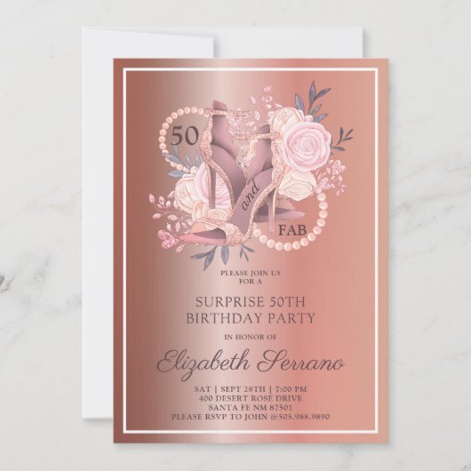 バラ金ゴールドグリッター50th誕生日サプライズパーティー 招待状 (正面)