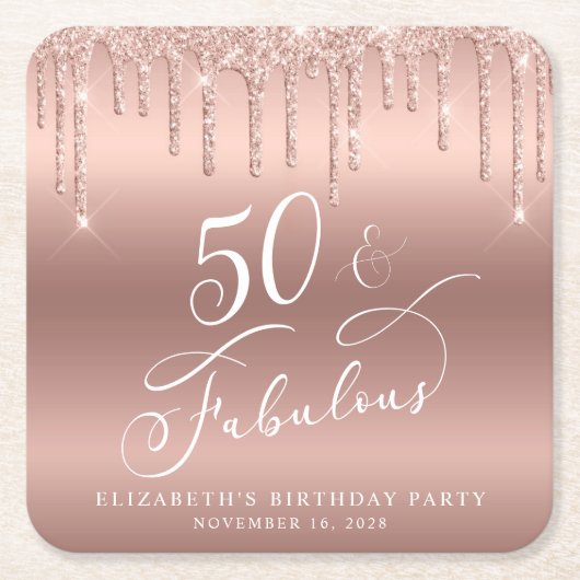 バラ金ゴールドグリッター50th誕生日パーティー スクエアペーパーコースター (正面)