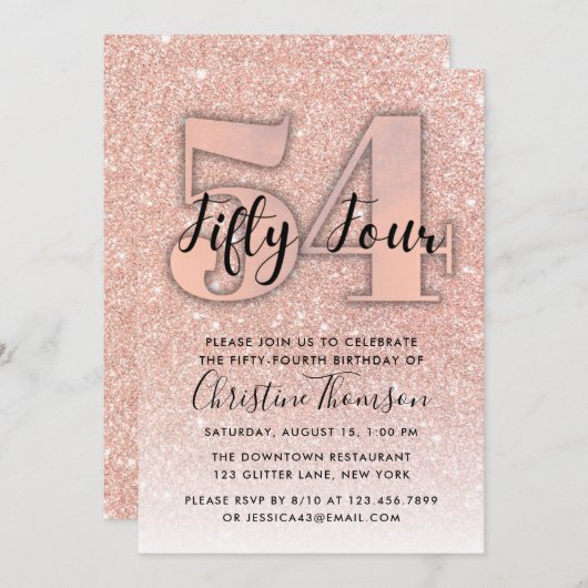 バラ金ゴールドグリッター54番目の誕生日招待状 招待状 (正面/裏面)