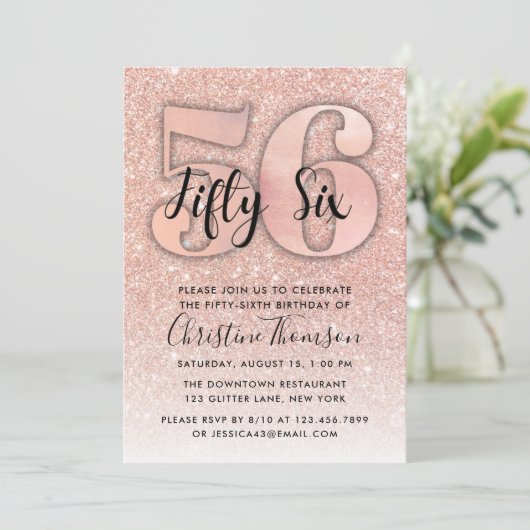 バラ金ゴールドグリッター56番目の誕生日招待状 招待状 (スタンド正面)