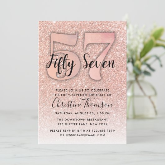 バラ金ゴールドグリッター57番目の誕生日招待状 招待状 (スタンド正面)