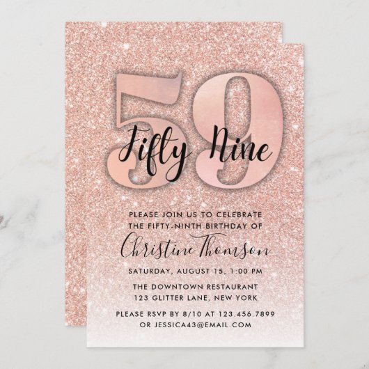 バラ金ゴールドグリッター59番目の誕生日招待状 招待状 (正面/裏面)
