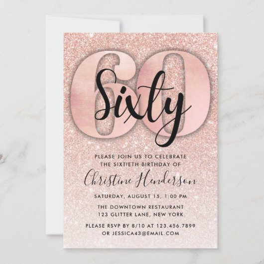 バラ金ゴールドグリッター60番目の誕生日招待状 招待状 (正面)