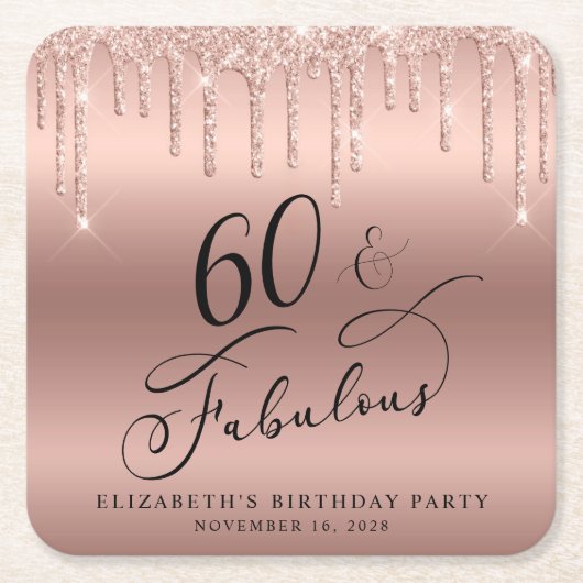 バラ金ゴールドグリッター60th誕生日パーティー スクエアペーパーコースター (正面)
