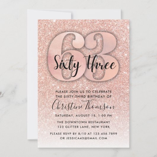 バラ金ゴールドグリッター63番目の誕生日招待状 招待状 (正面)